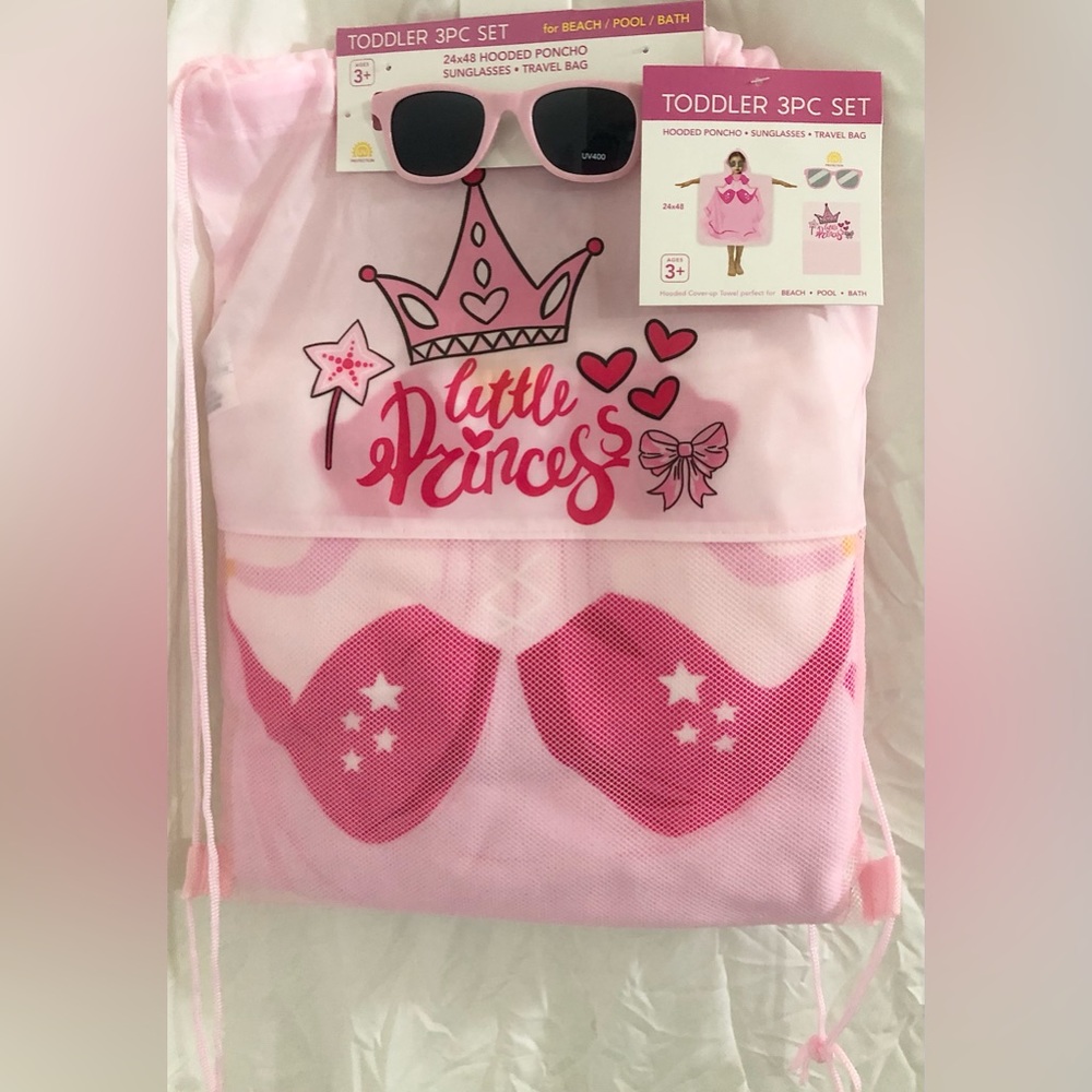 Pink‎ 3piece Little Princess beach poncho sunglasses beach bag Toddler set new